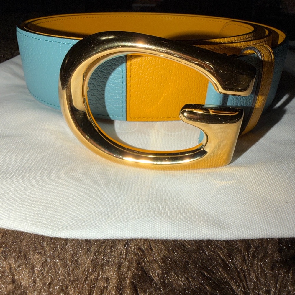 Gucci Two Tone Gold Buckle Blue and Yellow Belt
